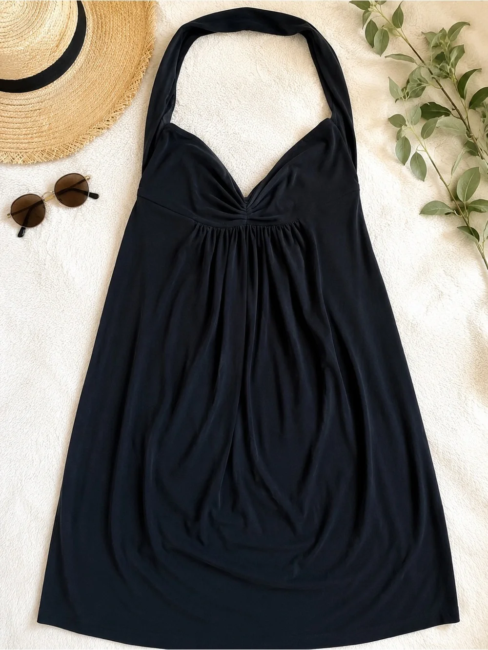 Norma Kamali Black Halter Dress Swim Cover Up Ruched‎ Empire Waist Size M
